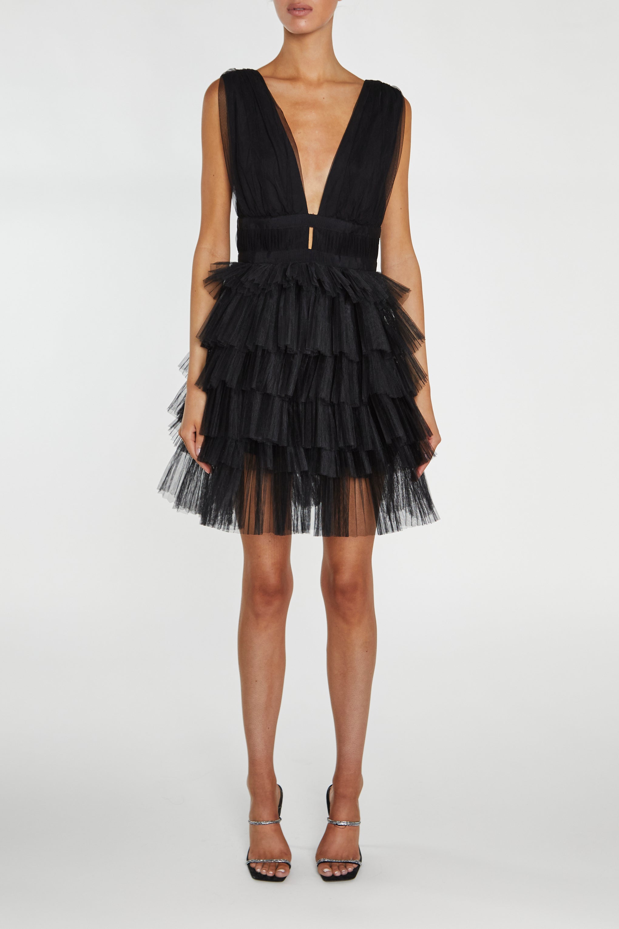 Elle Black Plunge-Front Tiered Tulle Mini-Dress - True Decadence Elle Black Plunge-Front Tiered Tulle Mini-Dress - True Decadence