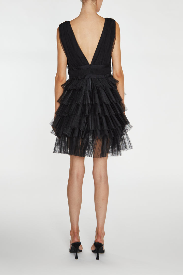 Elle Black Plunge-Front Tiered Tulle Mini-Dress