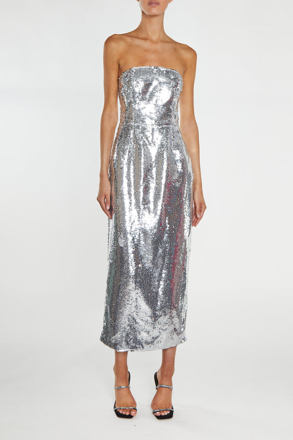 Paris Silver Sequin Bandeau Tailored Midaxi Dress