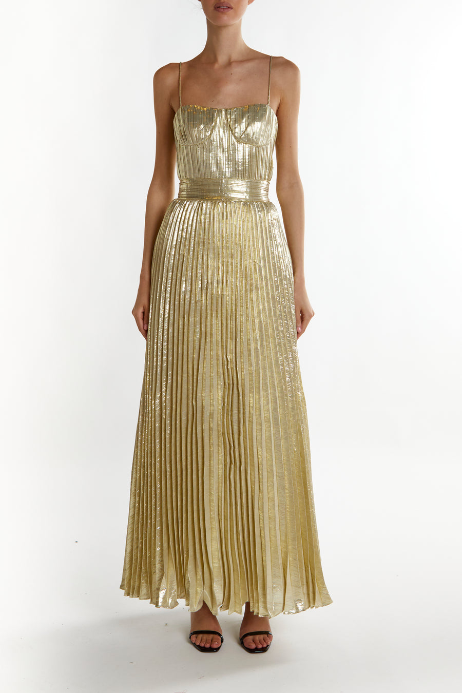 Kate Light-Gold Crinkle Pleated Strappy Maxi Dress