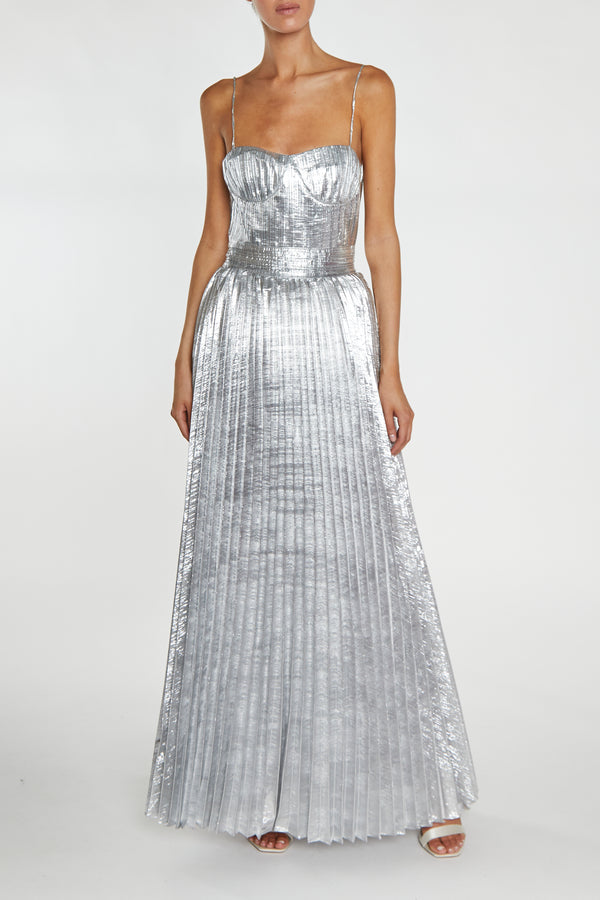 Kate Silver Crinkle Pleated Strappy Maxi Dress