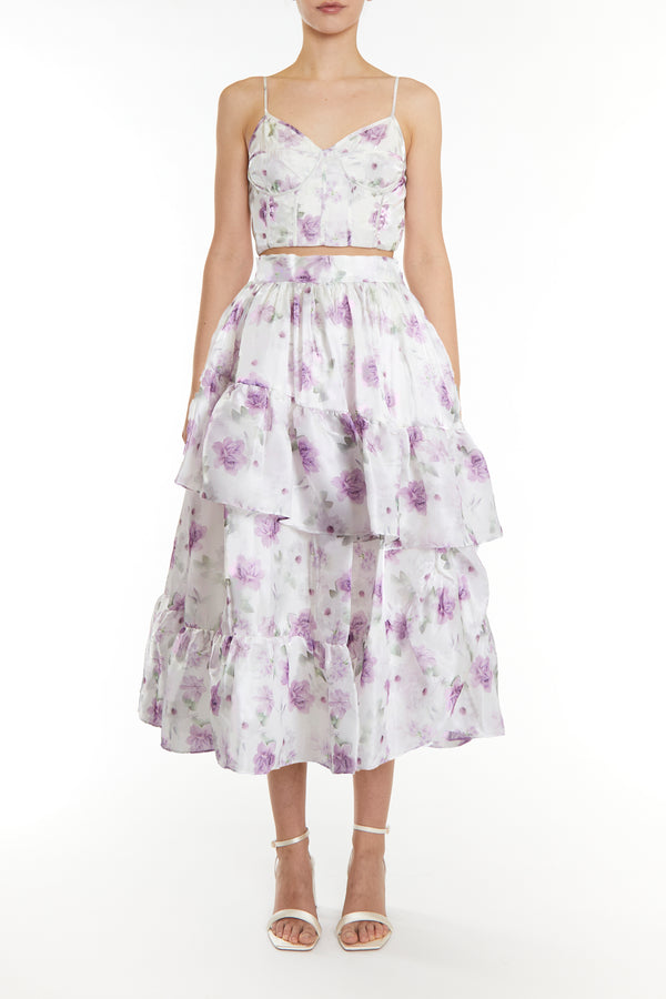 Joelle Co-ord Lilac Floral Organza Asymmetric Ruffle Midi Skirt