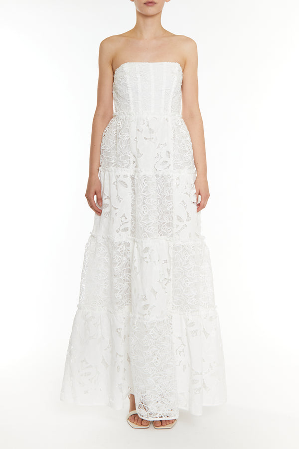 Serena White Patchwork Lace Tiered Bandeau Maxi Dress