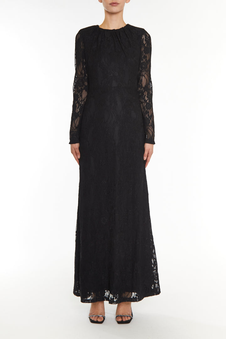 Siena Black Lace High Gathered Neck Maxi-Dress