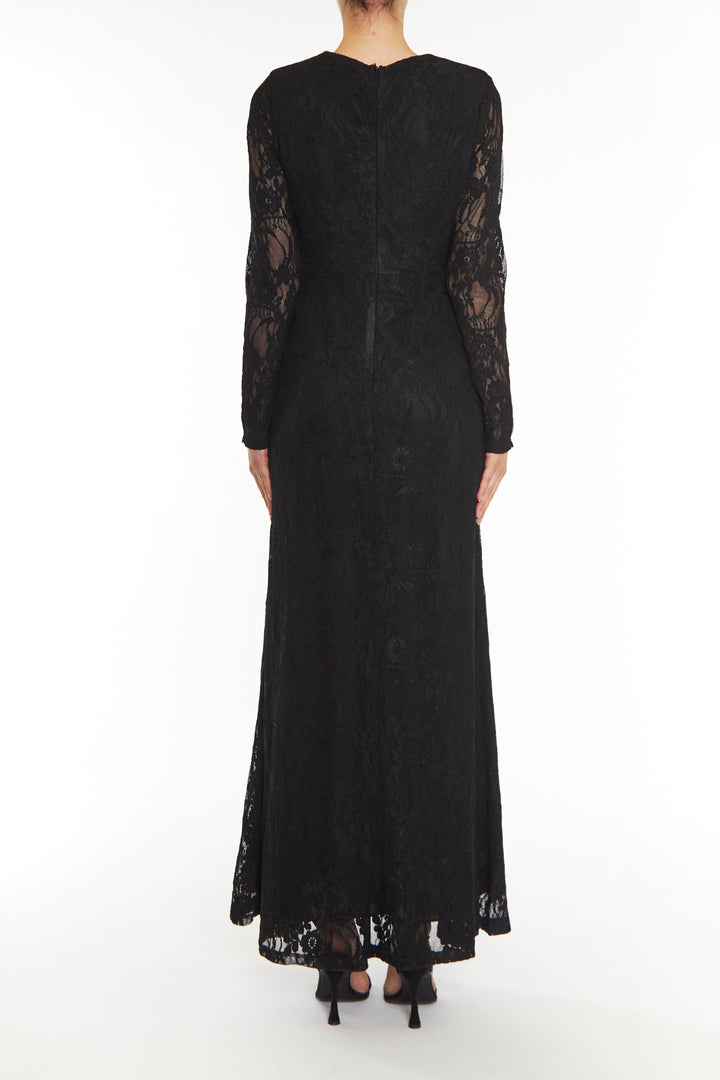 Siena Black Lace High Gathered Neck Maxi-Dress