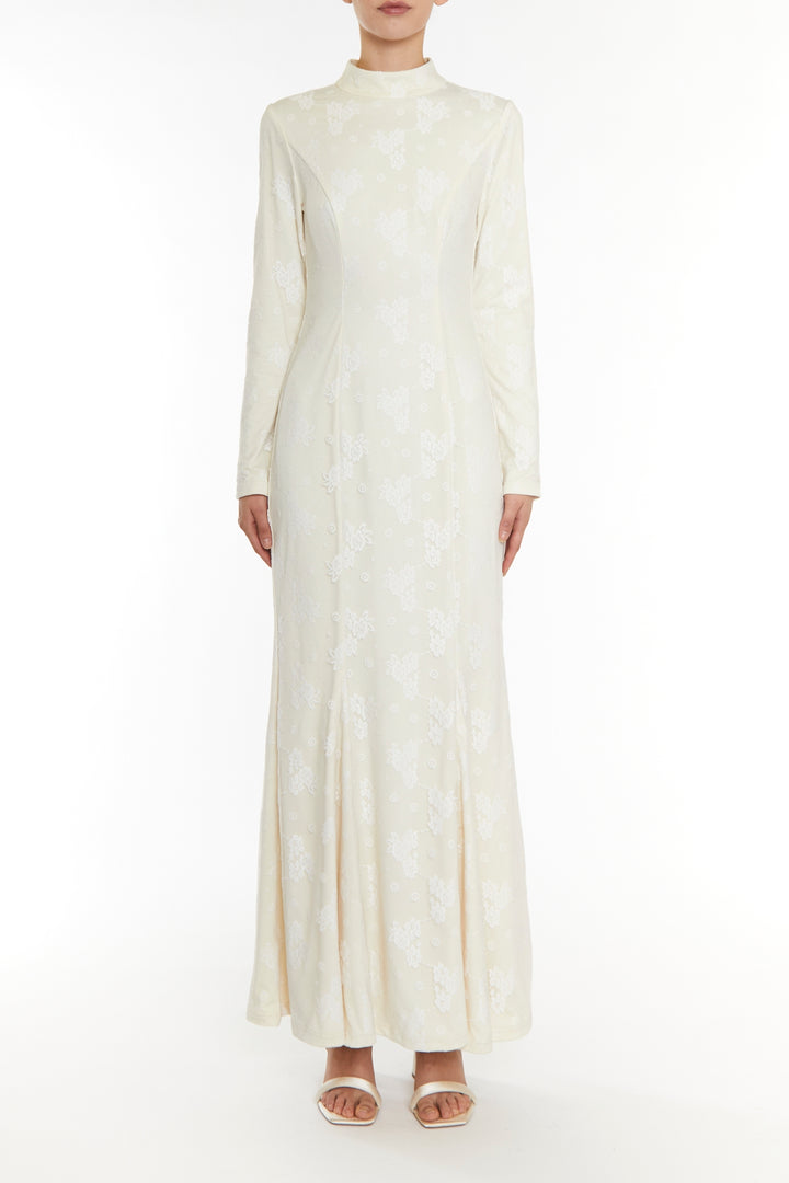 Serenity White-Lace High Neck Godet Maxi-Dress