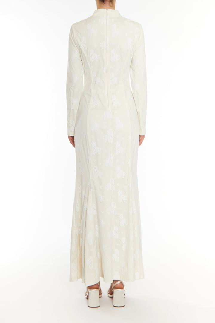 Serenity White-Lace High Neck Godet Maxi-Dress
