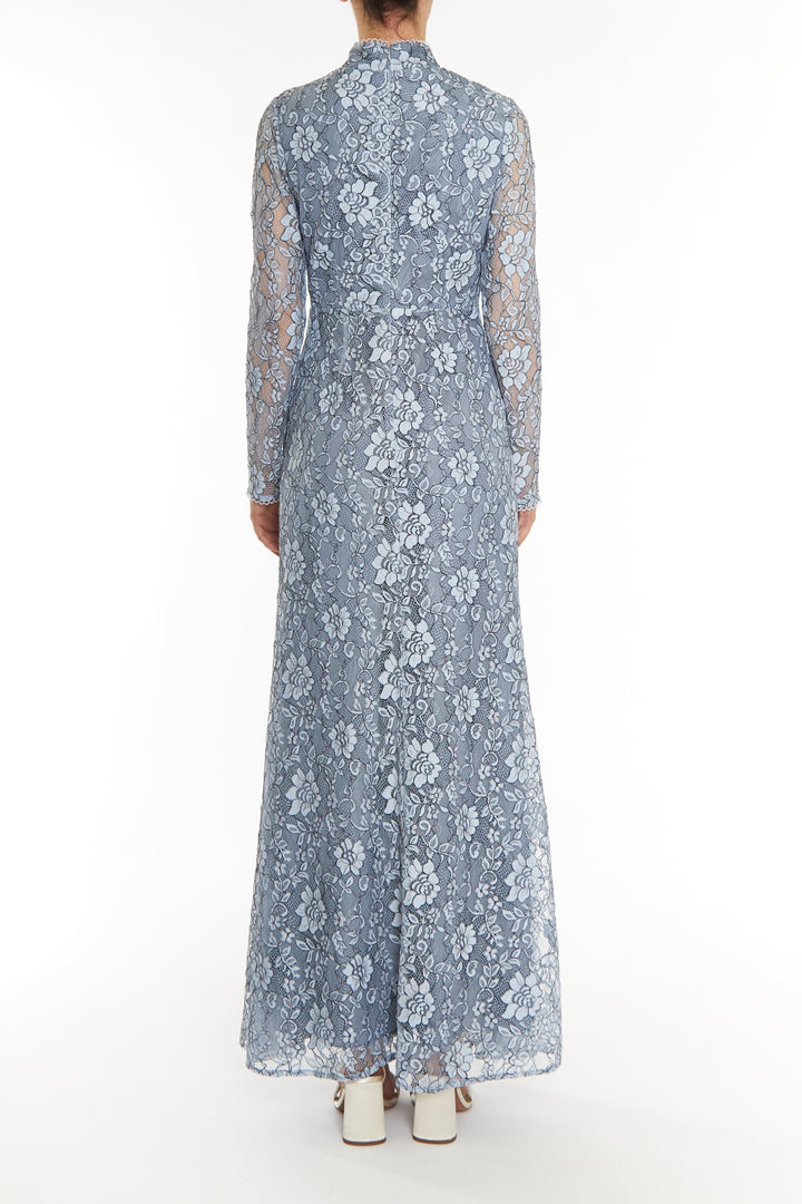 Jane Blue-Black Lace High-Neck Trim Maxi Dress