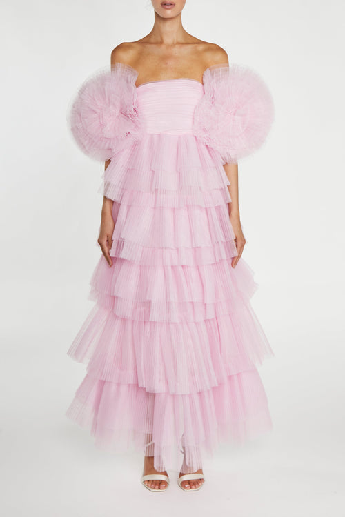 true decadence pink dress True Decadence Plunge Front Tiered Ruffle Maxi Dress In Pink