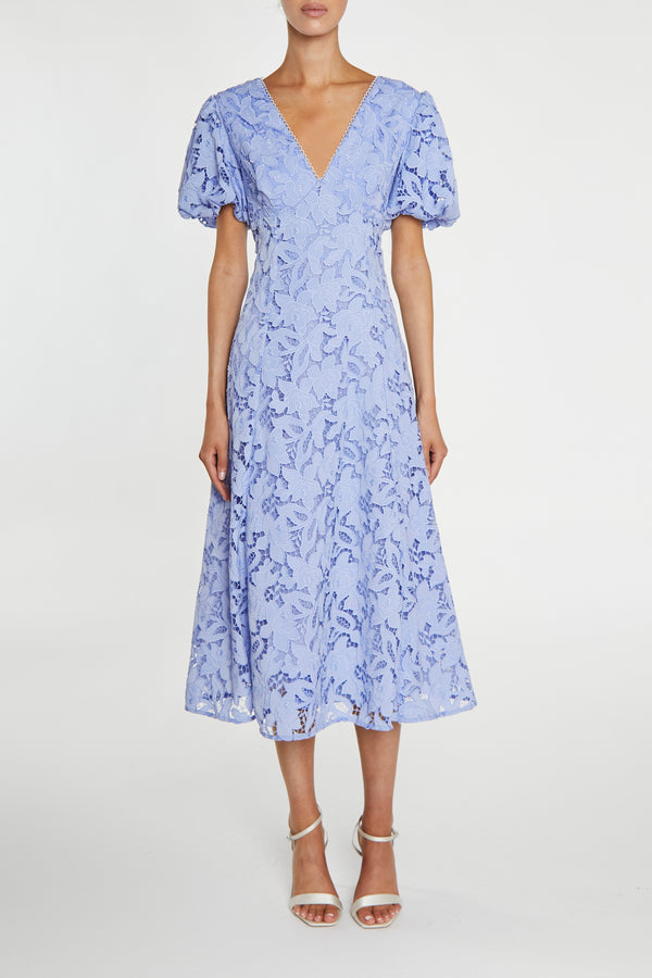 Harley Cornflower-Blue Cutwork Lace V-Neck Midi-Dress