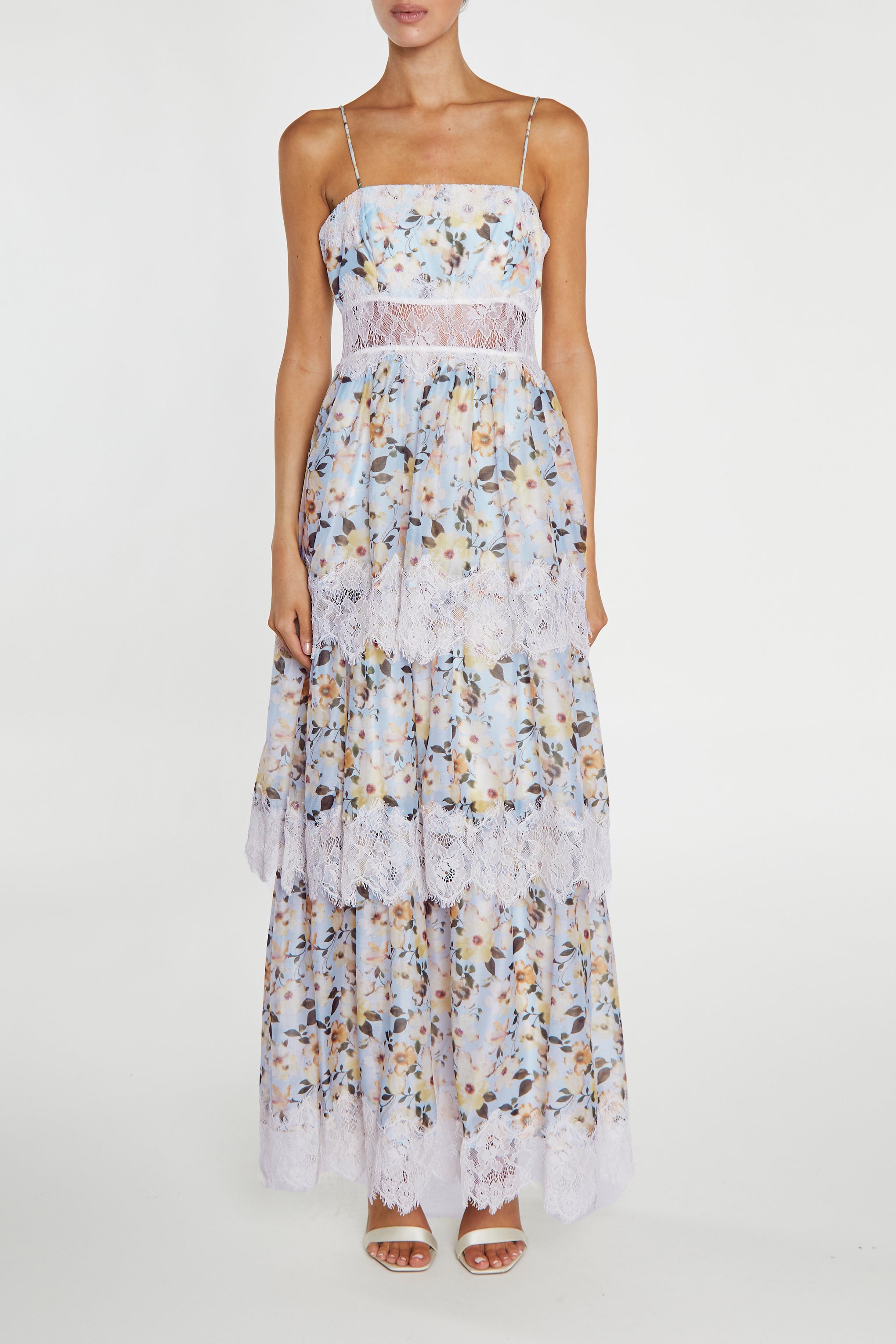 Maisie Pale-Blue Flower Organza Tiered Strappy Maxi-Dress - True Decadence Maisie Pale-Blue Flower Organza Tiered Strappy Maxi-Dress - True Decadence