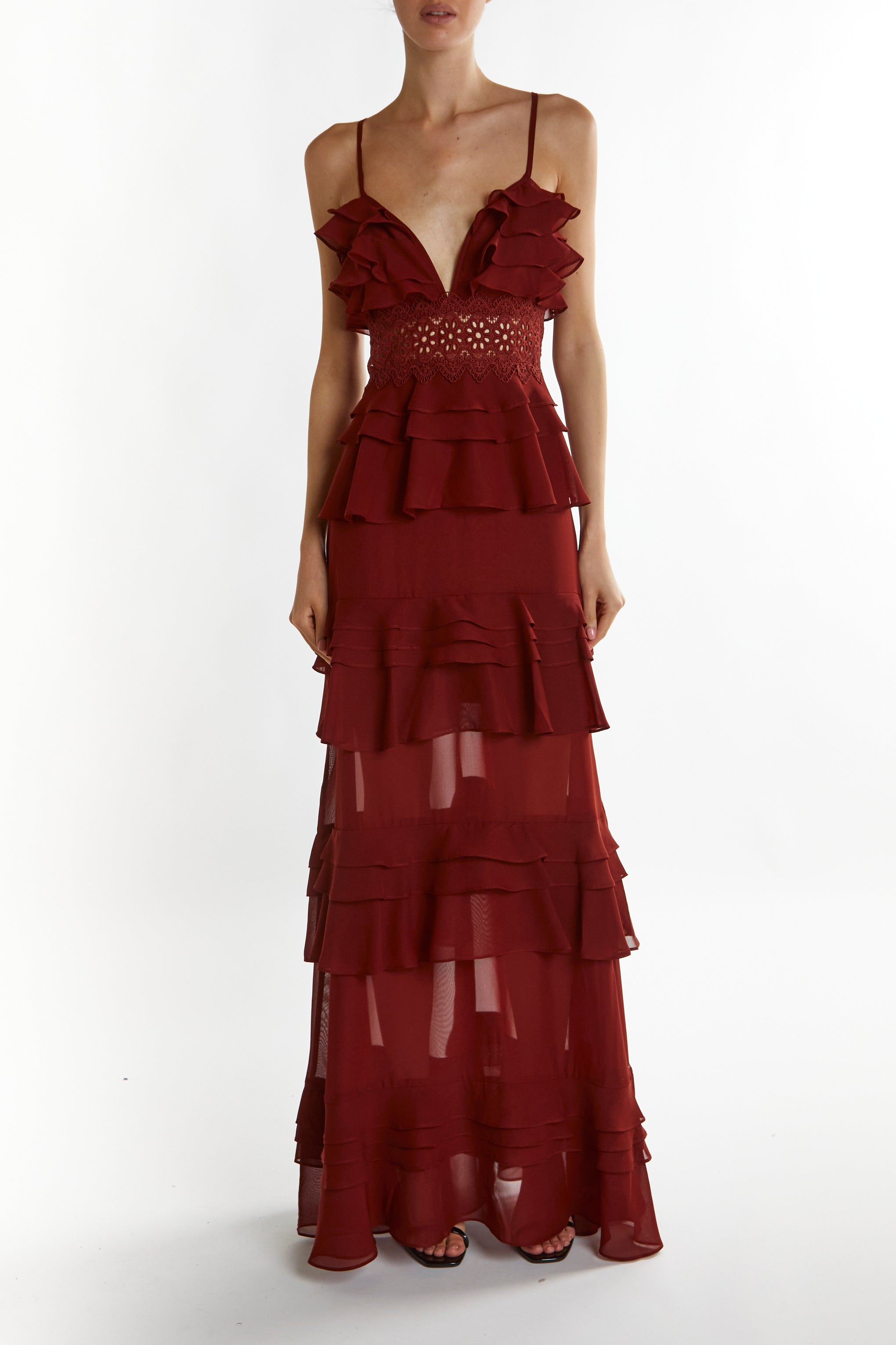 Sophia Burgundy Deep Plunge Layered Ruffle Maxi Dress