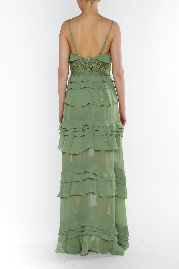 green ruffle maxi dress Sophia Sage Green Plunge Front Tiered Ruffle Maxi-Dress