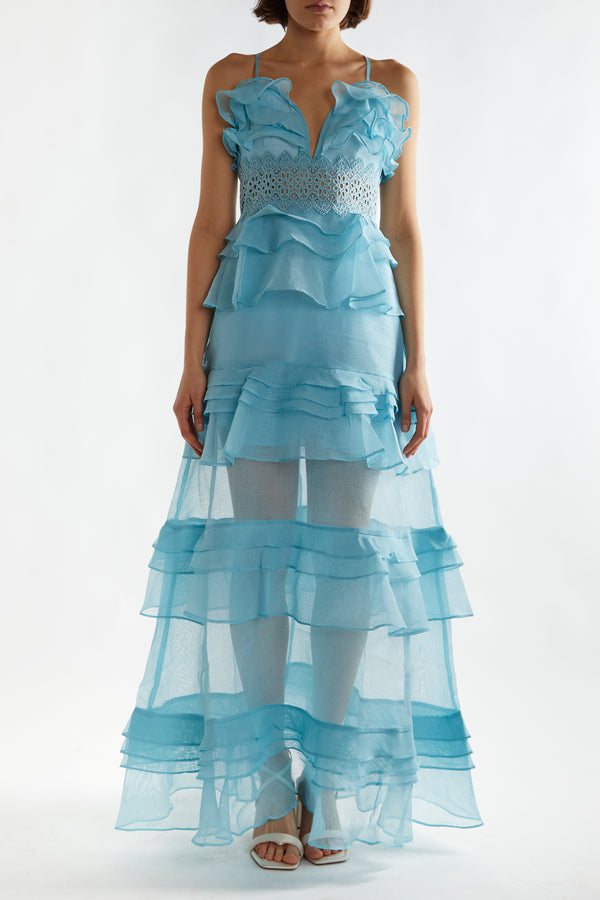 Sophia Light Steel Blue Tiered Ruffle Maxi Dress