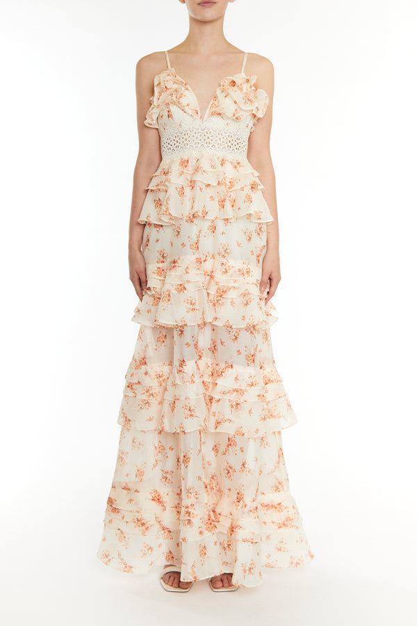 Sophia Cream Orange Floral Plunge Front Tiered Ruffle Maxi-Dress