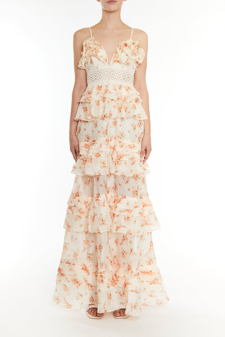 Sophia Cream Orange Floral Plunge Front Tiered Ruffle Maxi-Dress - True ...