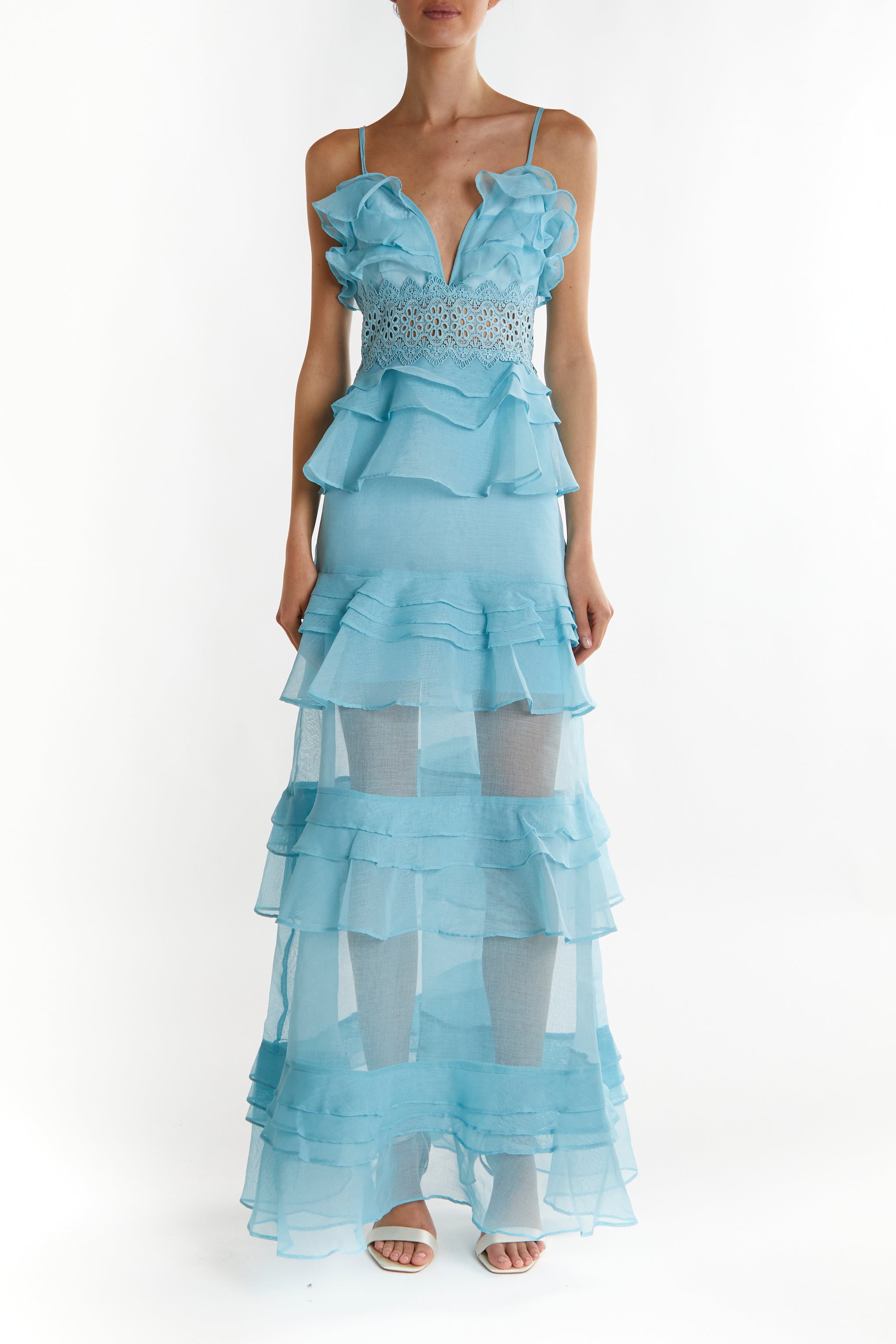 true decadence dress blue Sophia Navy Deep Plunge Layered Ruffle Maxi Dress