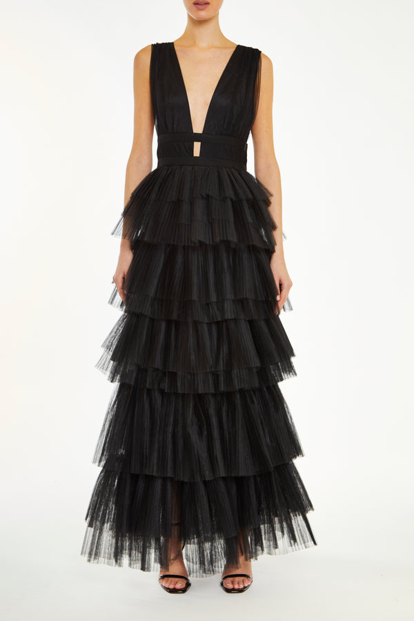 Eliza Black Fully Lined Plunging Neck Layered Tulle Skirt Maxi-Dress