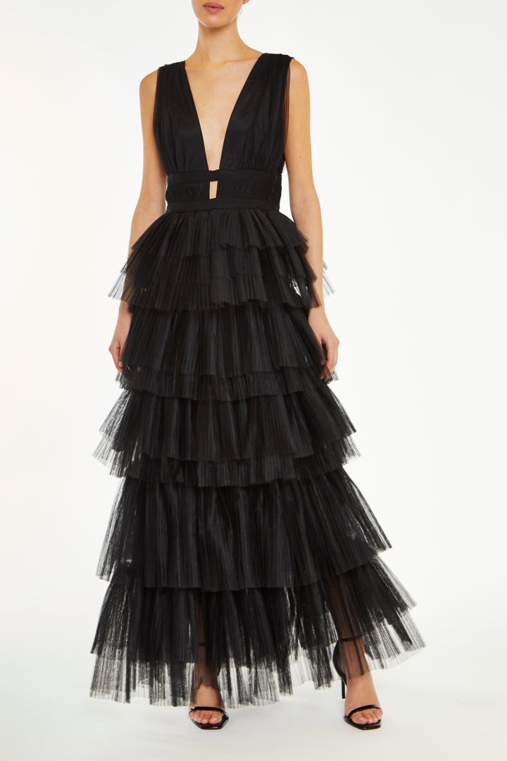 Eliza Black Fully Lined Plunging Neck Layered Tulle Skirt Maxi-Dress ...