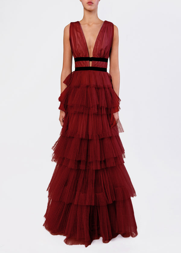 Eliza Burgundy Plunging Neck Layered Tulle Skirt Maxi-Dress