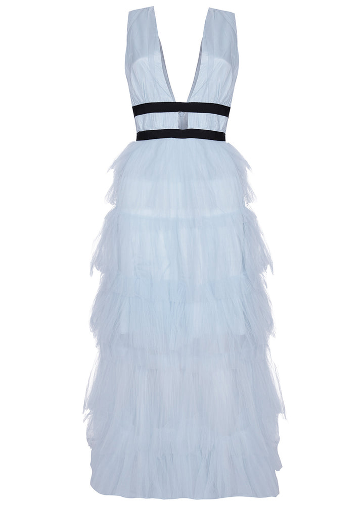 Eliza Dusty Blue Plunging Neck Layered Tulle Skirt Maxi-Dress