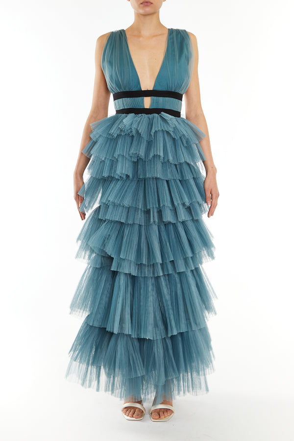 Eliza Teal Blue Plunging Neck Layered Tulle Skirt Maxi-Dress