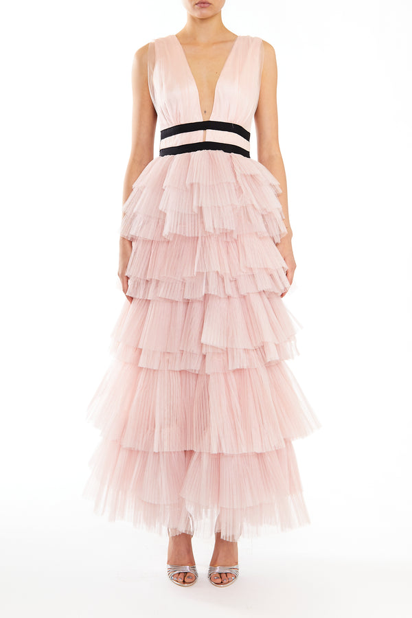 Eliza Soft Nude Plunging Neck Maxi Dress with Layered Tulle Skirt