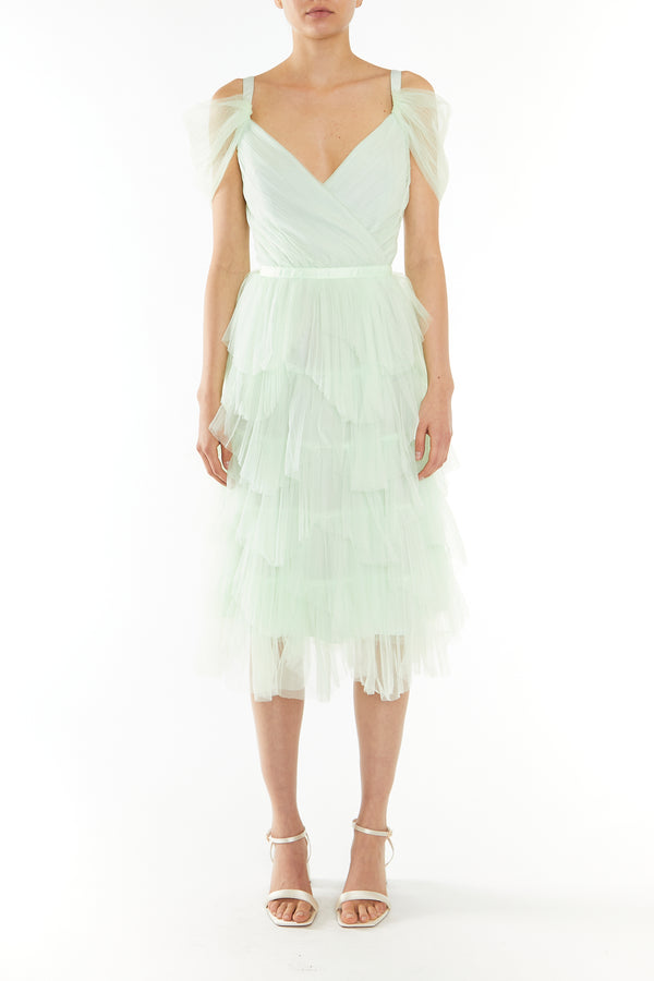 Isla Pale Lime Pleated Petal Skirt Midi-Dress