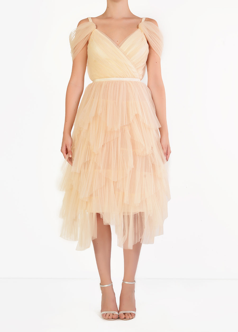 Cream Isla Pleated Petal Skirt Midi-Dress