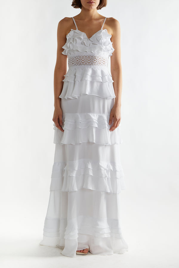 Sophia White Plunge Front Tiered Ruffle Maxi-Dress