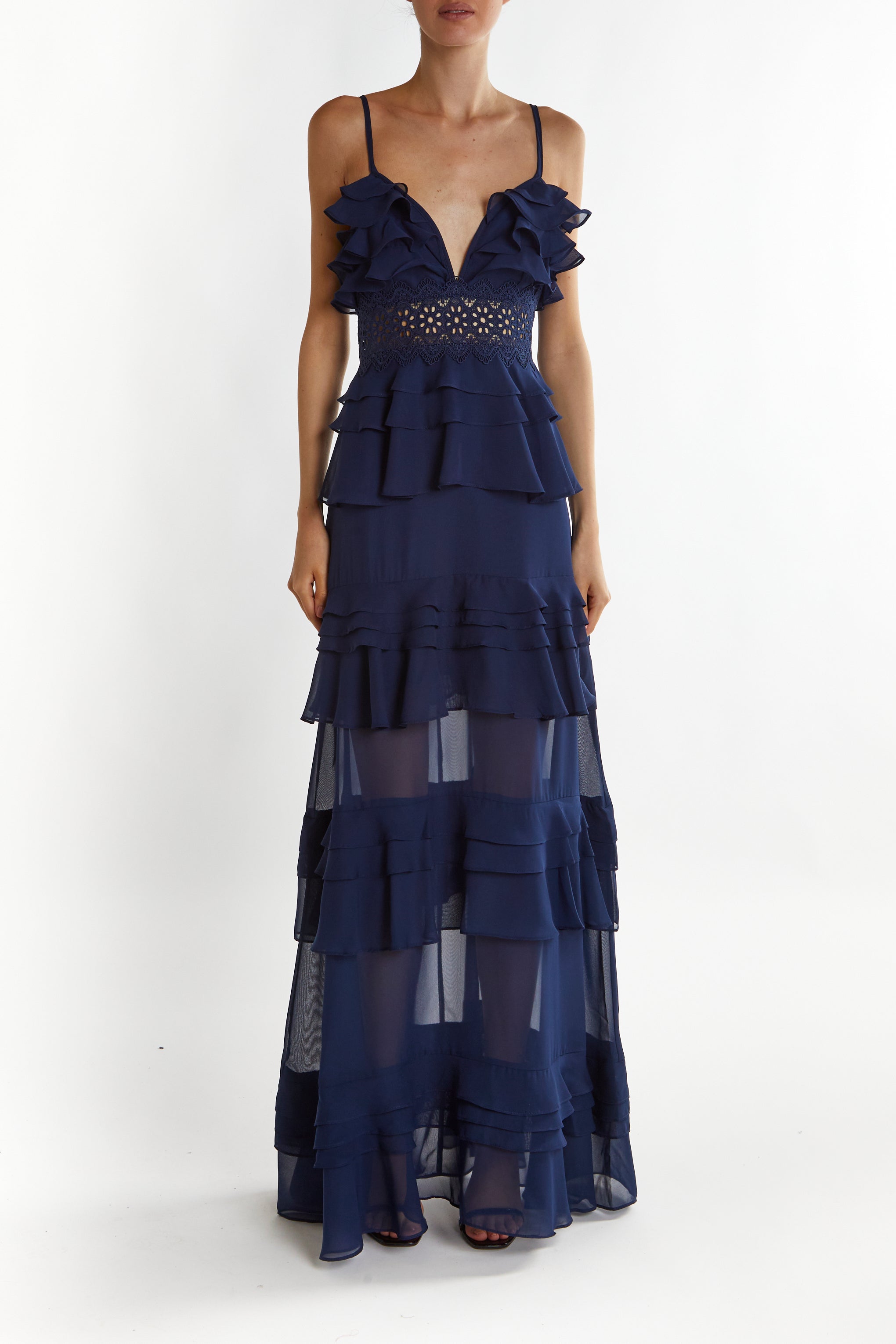 Sophia Navy Deep Plunge Layered Ruffle Maxi Dress - True Decadence Sophia Navy Deep Plunge Layered Ruffle Maxi Dress - True Decadence