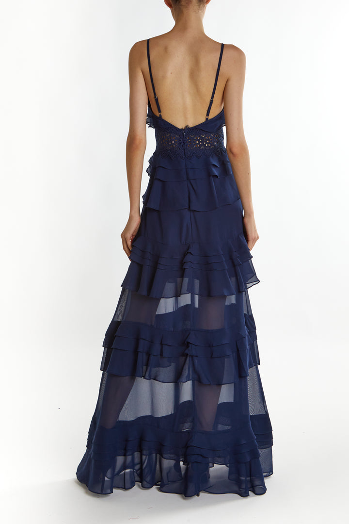 Sophia Navy Deep Plunge Layered Ruffle Maxi Dress