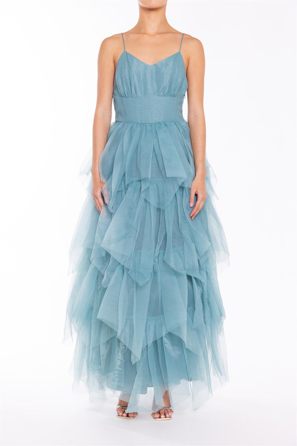 Saige Mineral Blue V-neck Tiered Tulle Maxi Dress