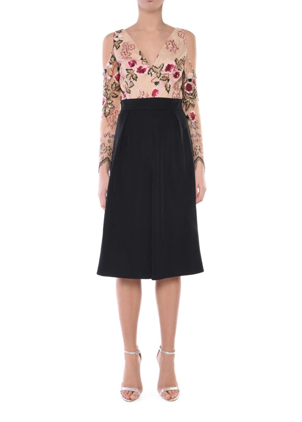 Sylvie Raspberry-Black Embroidery Wide Leg Cold-Shoulder Jumpsuit