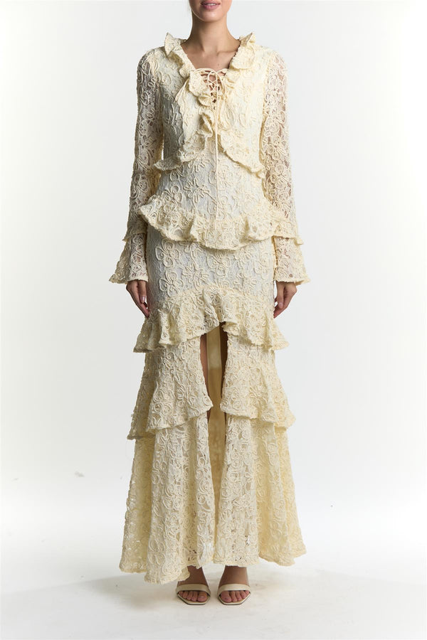 Cream Abby Ruffle Collar Long Sleeve Maxi Dress