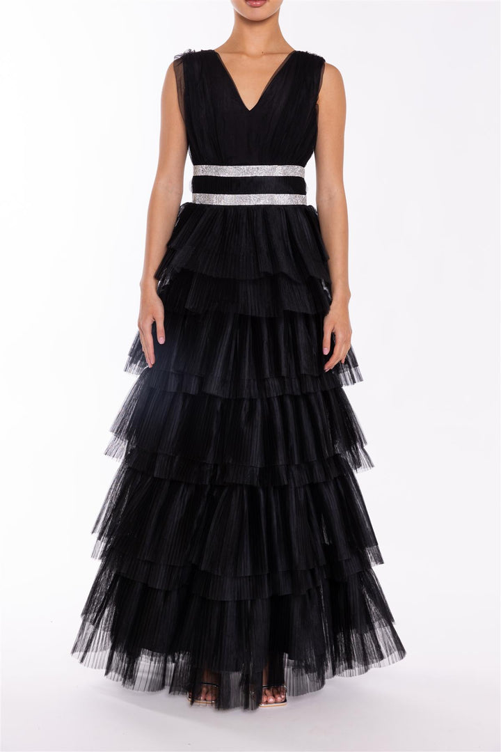 Elizabeth Black Diamante Belted Tulle Maxi Dress - True Decadence Elizabeth Black Diamante Belted Tulle Maxi Dress - True Decadence