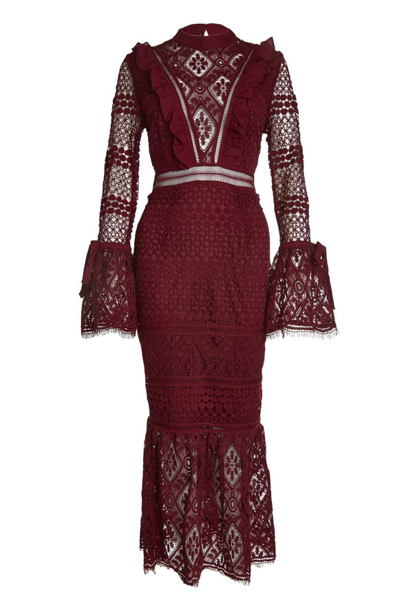 Jenna Burgundy Peplum-Sleeve Lace Midi Dress
