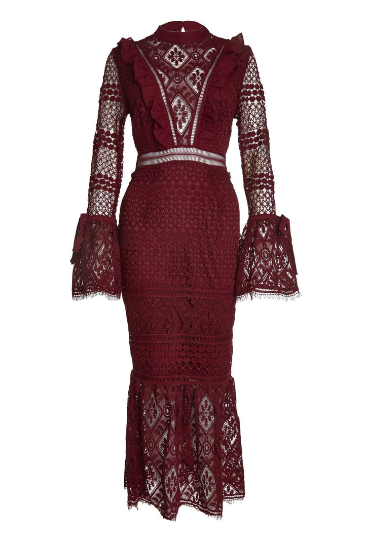 Jenna Burgundy Peplum-Sleeve Lace Midi Dress - True Decadence Jenna Burgundy Peplum-Sleeve Lace Midi Dress - True Decadence