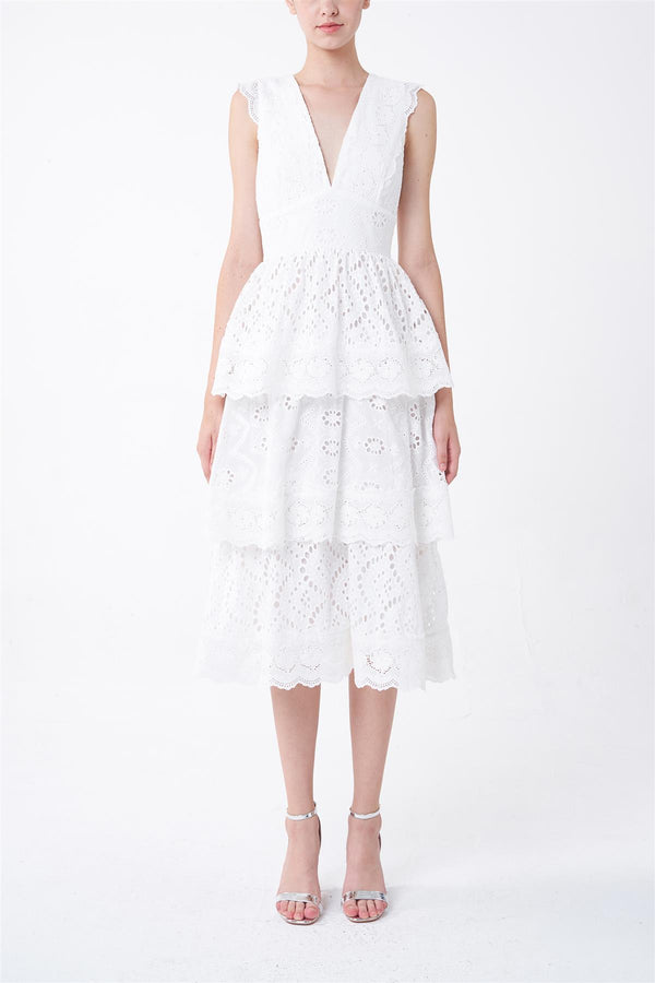 White Mary Tiered Eyelet Midi-Dress