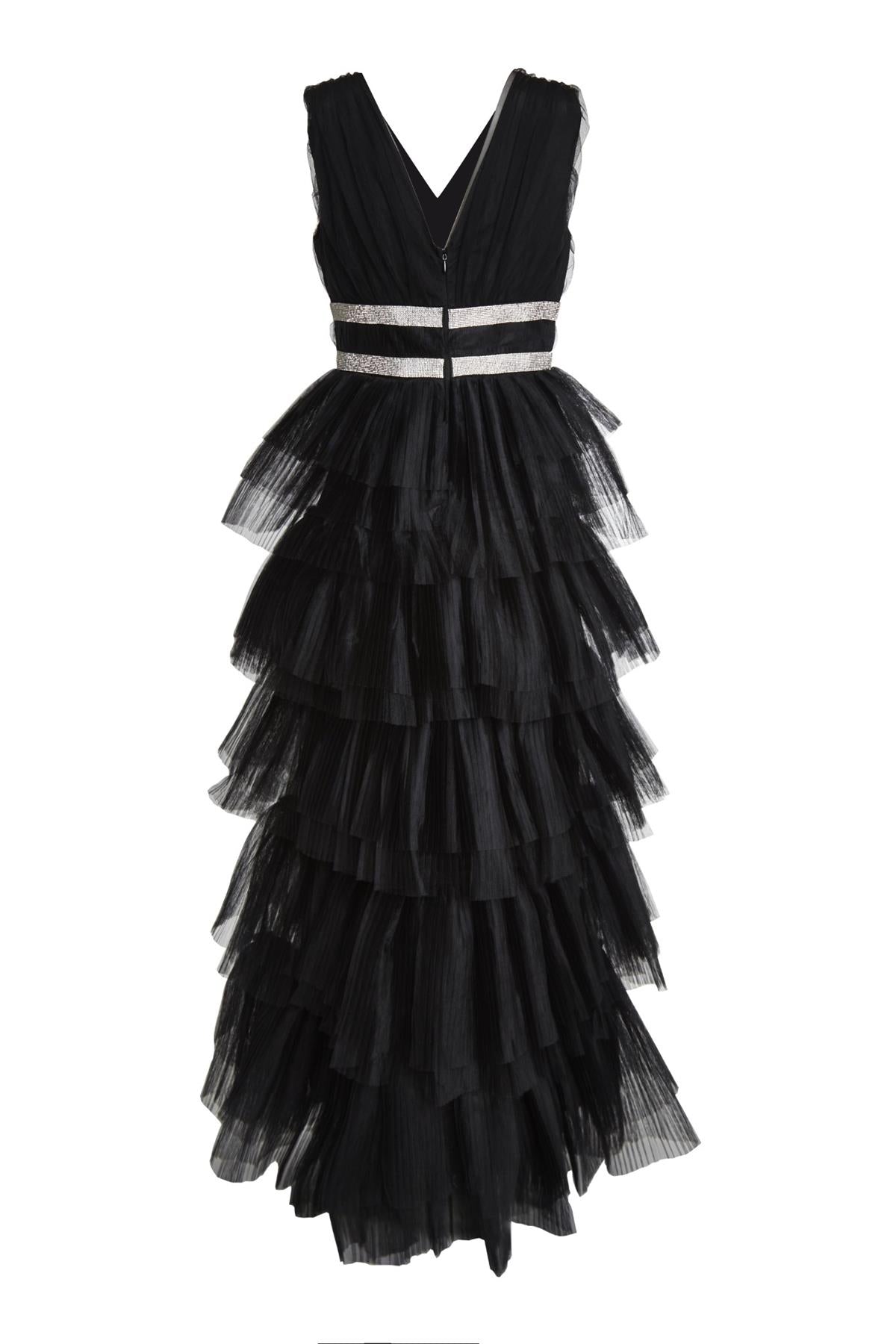 Elizabeth Black Diamante Belted Tulle Maxi Dress - True