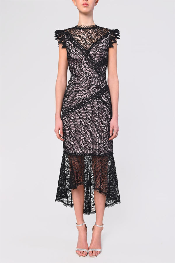 Michelle Black Lace Panelled Lace Hi-Low Dress