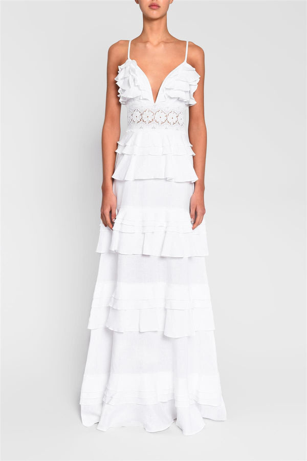 Sophia White Plunge Front Tiered Ruffle Maxi-Dress