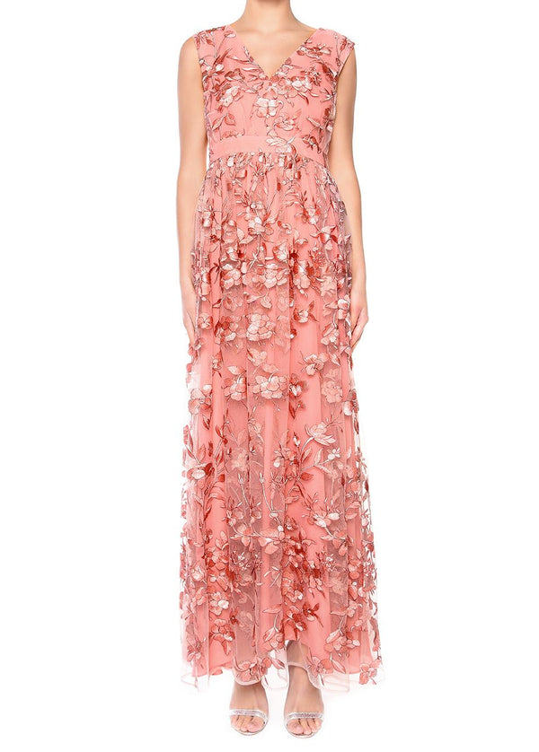 Lena Pinky Coral Embroidery Sleeveless V-Neck Maxi Dress