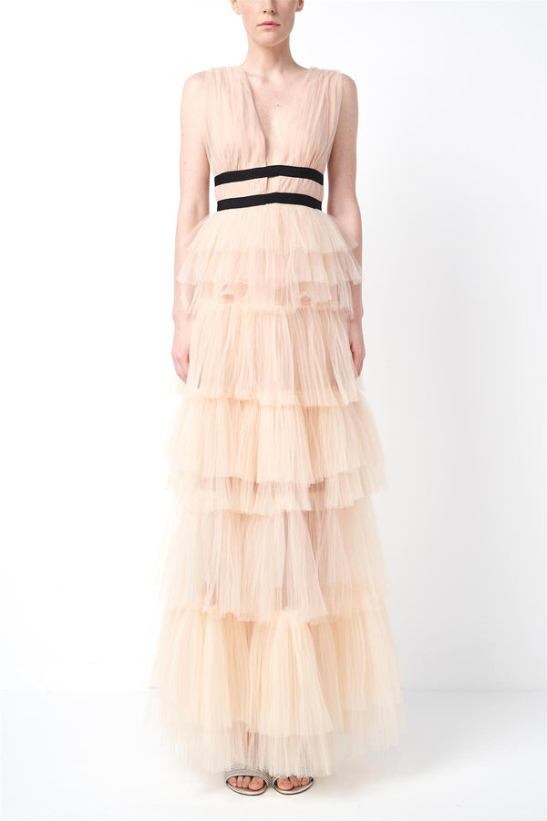 Nude Eliza Plunging Neck Layered Tulle Skirt Maxi-Dress