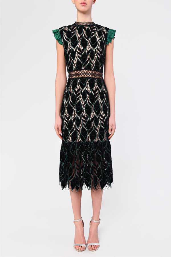 Ivy Black-Green Cutwork Tailored Midi Dress