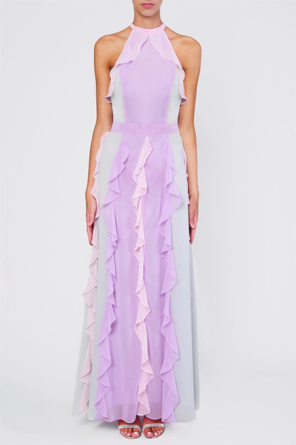 Dream Pastel Multi High Neck Cascading Ruffle Maxi-Dress