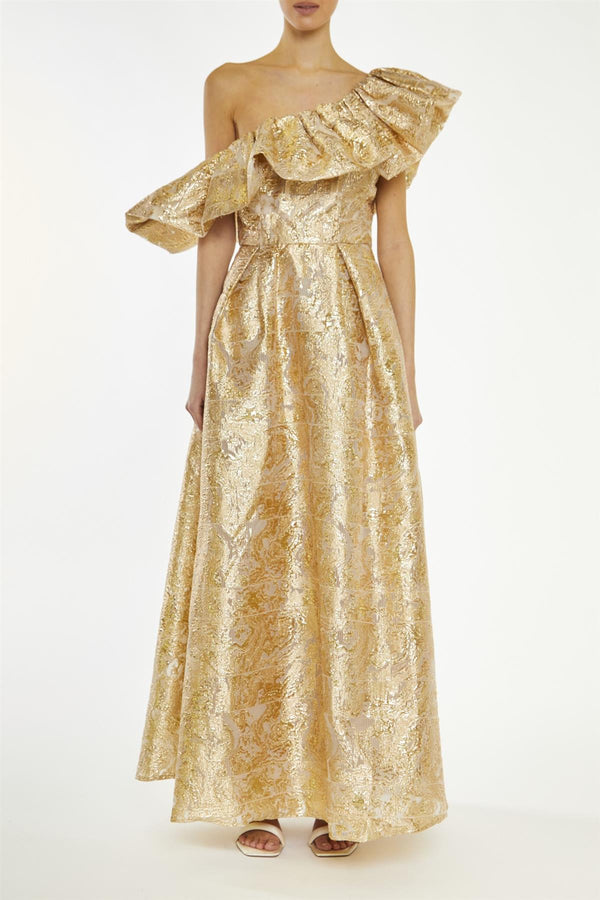 Blake Gold Translucent-Jacquard Puff One Shoulder Maxi-Dress
