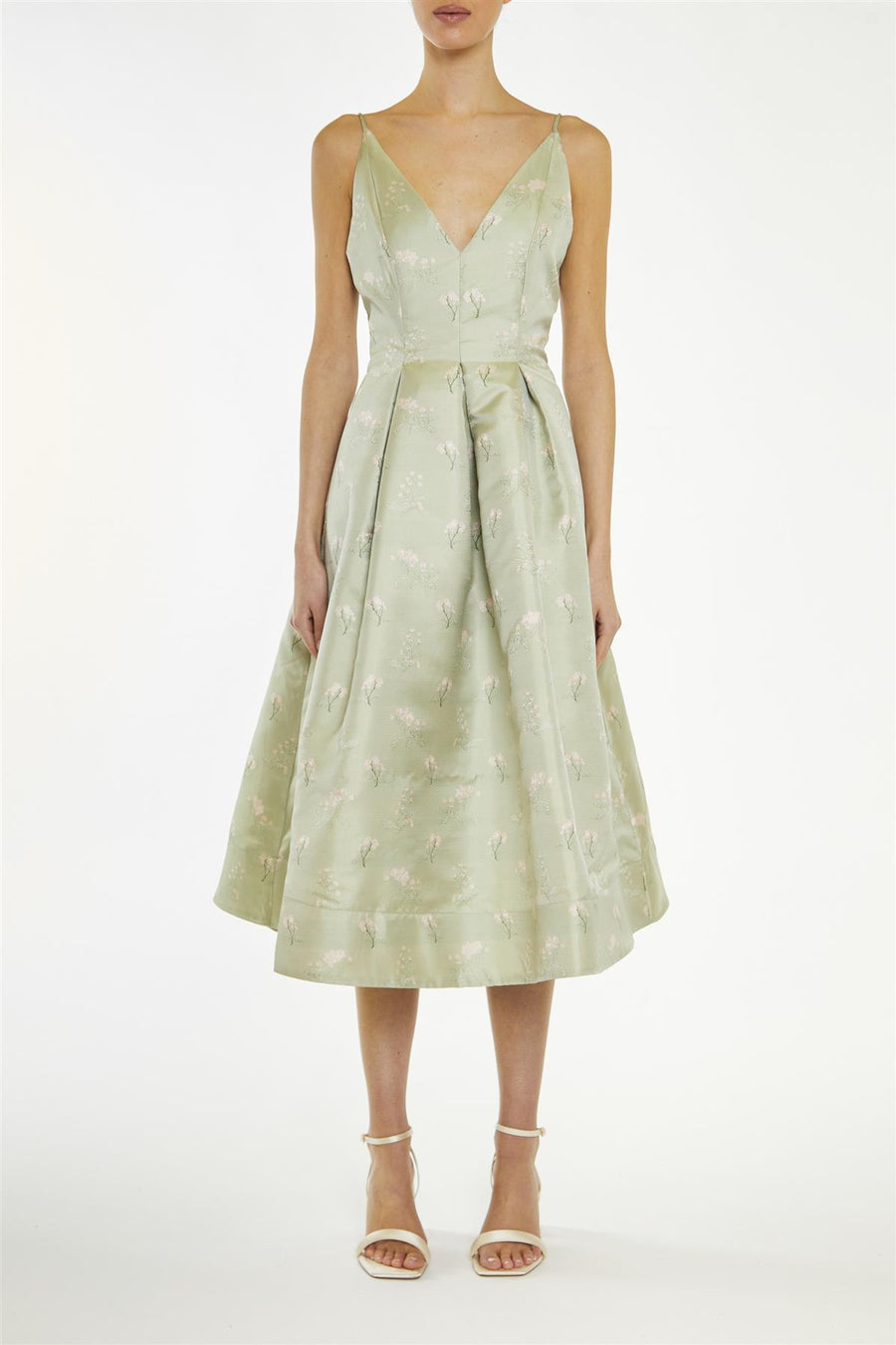 Estella Green Floral-Jacquard Cami Skater Midi-Dress