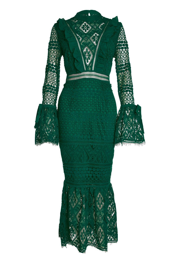 Jenna Emerald-Green Peplum-Sleeve Lace Midi Dress