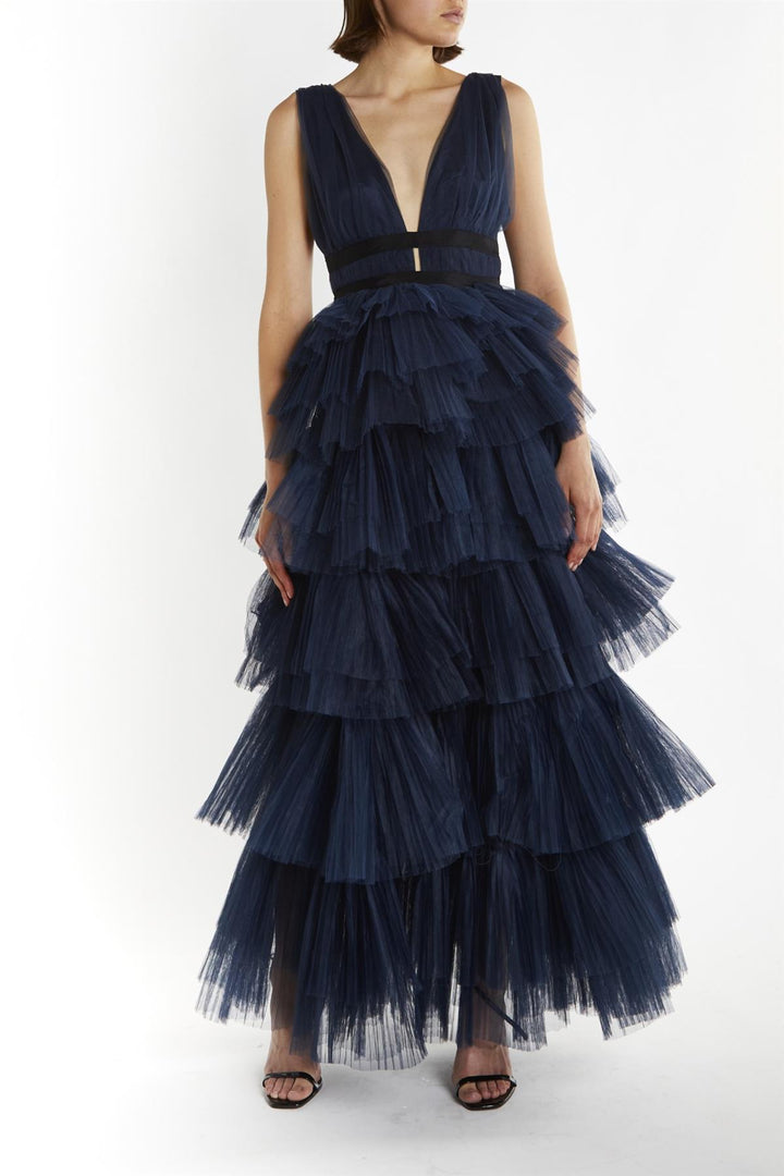 Eliza Navy Deep Plunge Layered Tulle Maxi-Dress